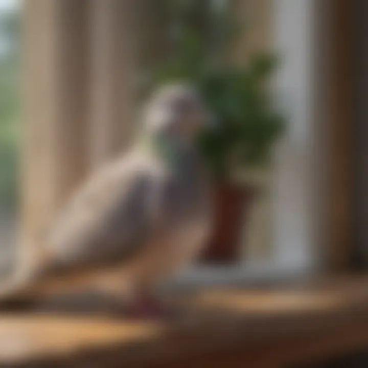 A serene dove resting on a windowsill, basking in sunlight.