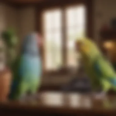 An owner interacting with a playful parakeet in a cozy home environment