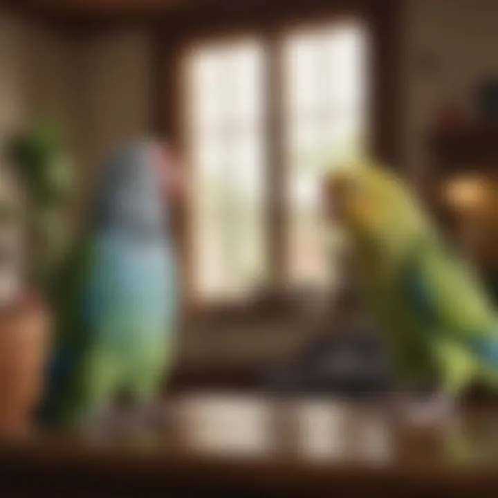 An owner interacting with a playful parakeet in a cozy home environment