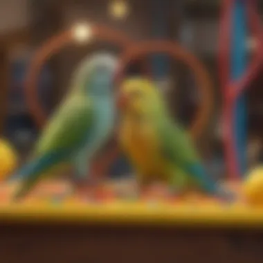 Playful Parakeets in Colorful Habitat Vibrant parakeets perched on a colorful play gym