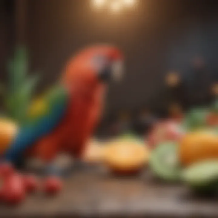 A colorful parrot enjoying fresh fruits and vegetables