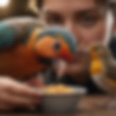 A young bird being fed by a caring owner