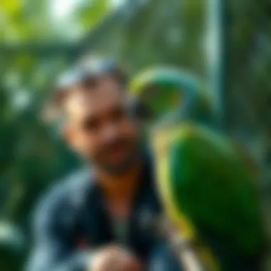 A trainer demonstrating techniques with a parrot