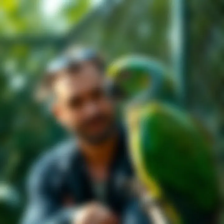 A trainer demonstrating techniques with a parrot