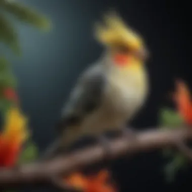 A vibrant cockatiel perched on a branch, showcasing its colorful feathers.