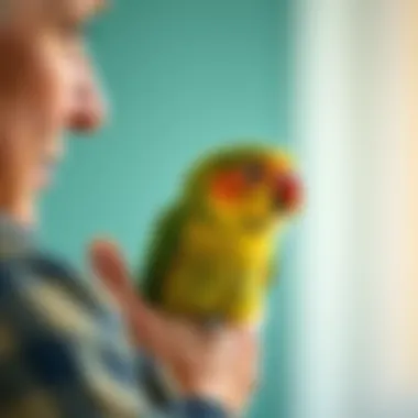 A caring individual engaging with a bird, highlighting the emotional bond between owners and their pets.