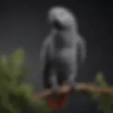 A vibrant African Grey parrot perched on a branch, showcasing its stunning plumage.