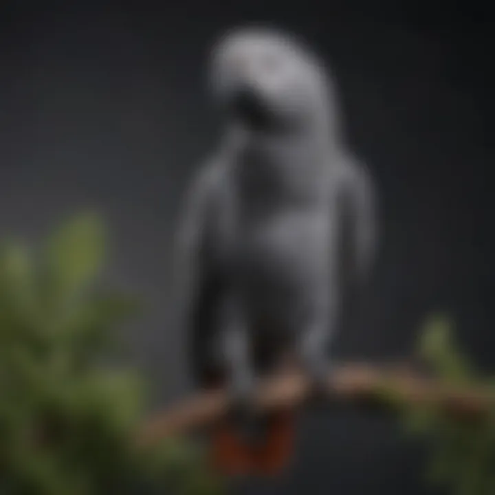 A vibrant African Grey parrot perched on a branch, showcasing its stunning plumage.