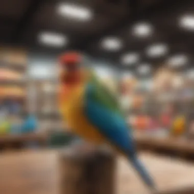 Colorful pet birds perched in a local pet store