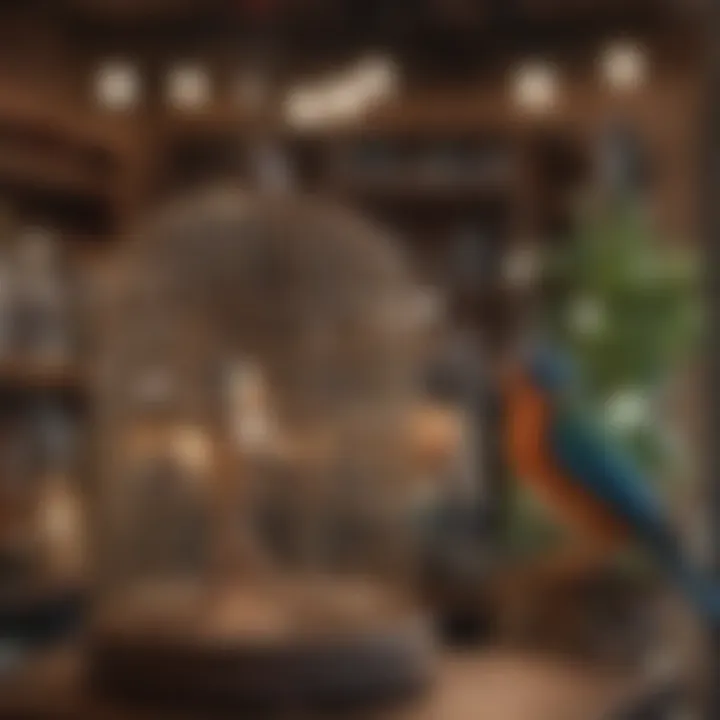 A bird enthusiast examining a high-quality bird cage in a local pet shop.