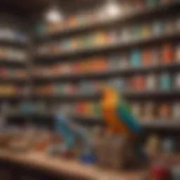 A colorful variety of pet bird supplies arranged on a store shelf.