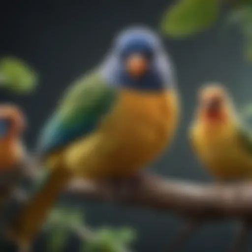 A diverse selection of pet birds perched on a branch, showcasing different species and colors.