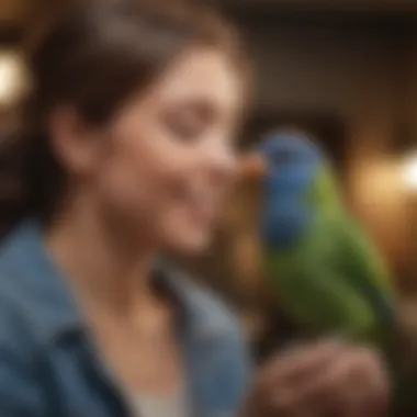 A close-up of a bird owner interacting with their feathered friend, capturing the joy of companionship.