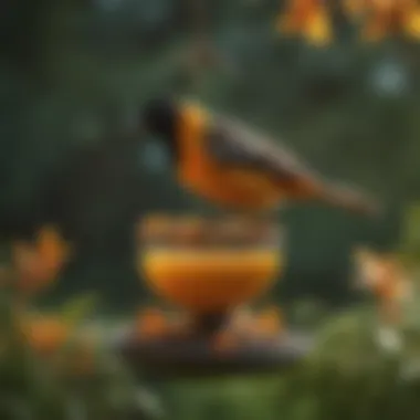 A vibrant First Nature Oriole Feeder showcasing its unique design