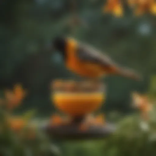 A vibrant First Nature Oriole Feeder showcasing its unique design