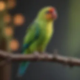 A colorful parakeet perched on a branch, showcasing its vibrant plumage.