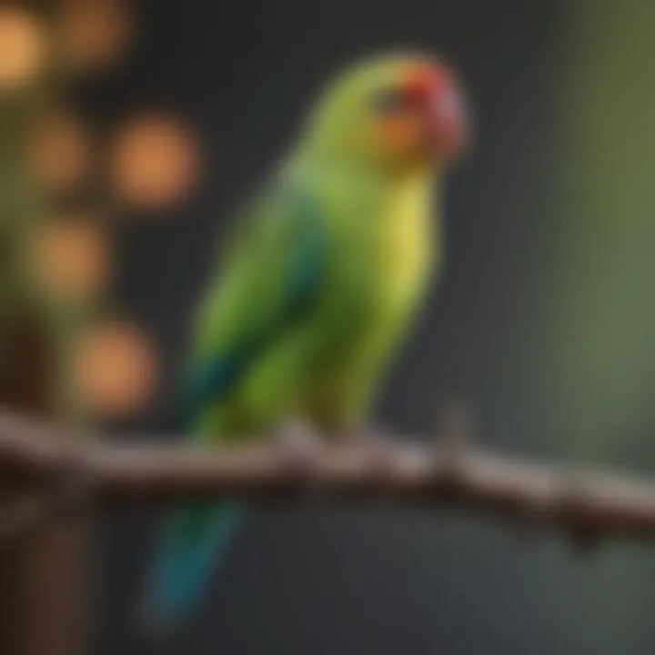 A colorful parakeet perched on a branch, showcasing its vibrant plumage.