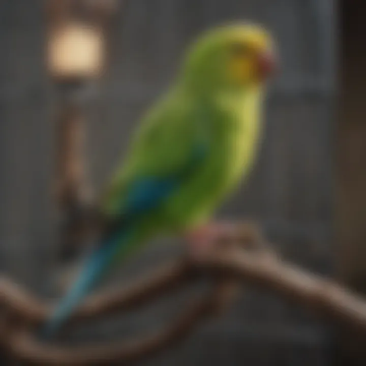 A vibrant parakeet perched on a branch inside an open cage