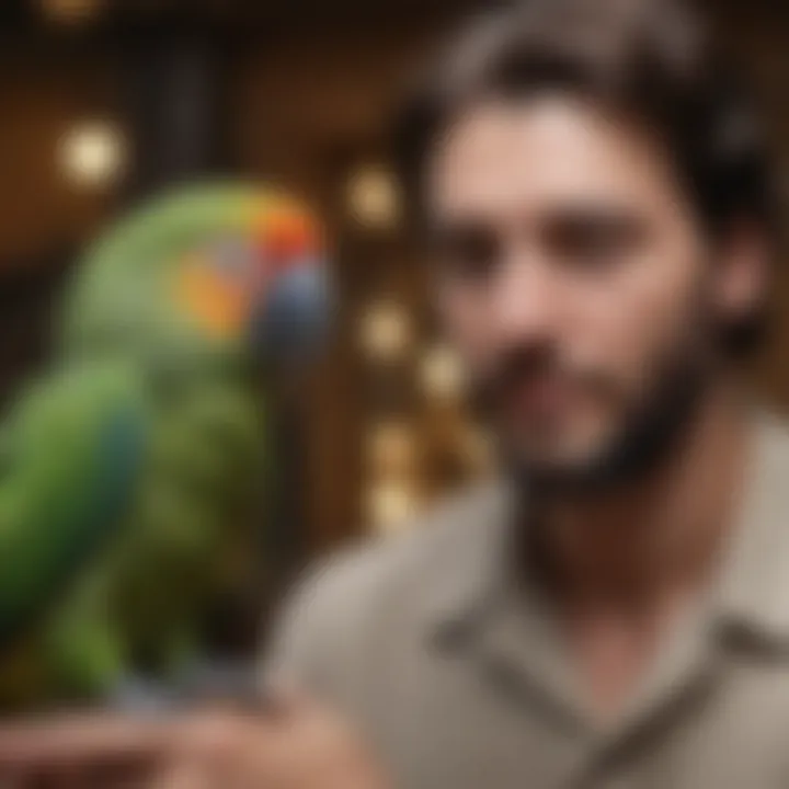 Person interacting with a parrot