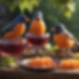 Colorful birds feasting on grape jelly