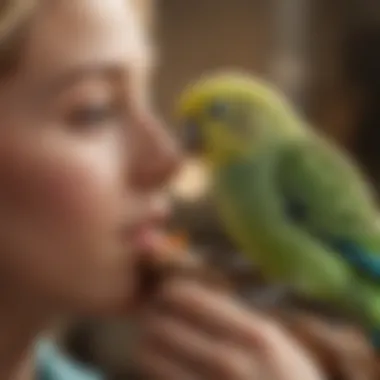 A close-up of a budgerigar interacting with a child, embodying companionship