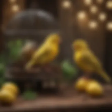The Melodic Presence: Canaries and Their Joyful Songs A serene setting with a birdcage containing a canary singing joyfully