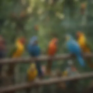 A Symphony of Colors: The Diversity of Birds in Aviaries An outdoor aviary filled with various species of birds in harmony