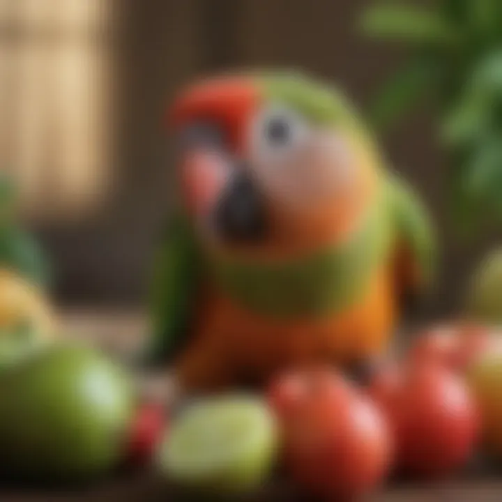 Close-up of a green cheek conure enjoying a variety of fresh fruits.