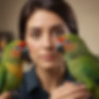 An owner bonding with their green cheek conure in a playful interaction.