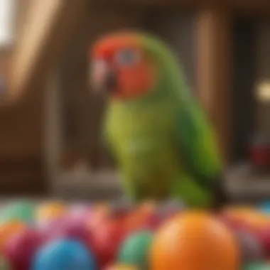 A vibrant green cheek conure perched on a colorful play gym.