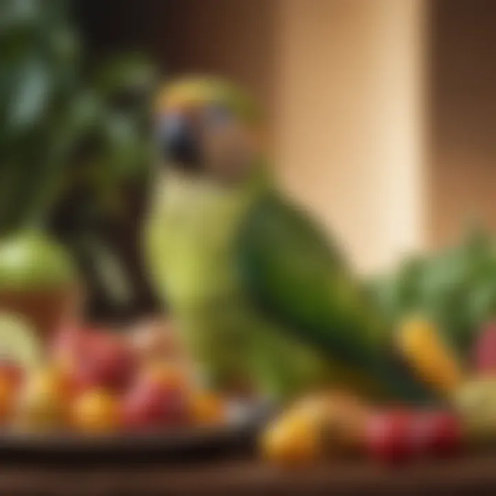 A healthy green cheeked conure enjoying a balanced meal of fresh fruits and vegetables.