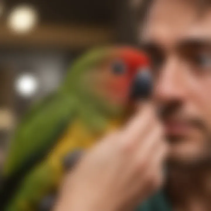 A close-up of a conure being gently handled, illustrating the bond between pet and owner.