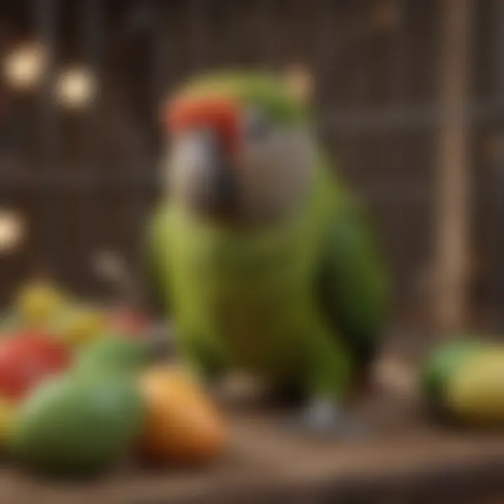 A green cheeked conure engaging in playful activities with toys in a well-equipped cage.