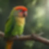 A vibrant green cheeked conure perched on a branch, showcasing its vivid plumage.