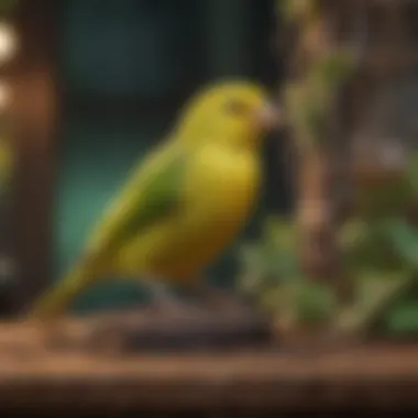 A green canary in a colorful aviary setting