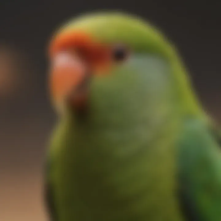 A close-up of a lovebird showcasing its brilliant green plumage