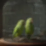 Vibrant green parakeets perched in a spacious cage