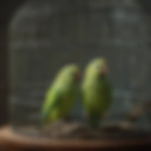 Vibrant green parakeets perched in a spacious cage