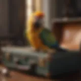 A vibrant parrot perched on a travel suitcase, symbolizing vacation planning for pet birds.