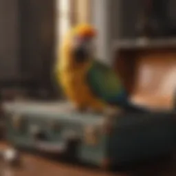 A vibrant parrot perched on a travel suitcase, symbolizing vacation planning for pet birds.