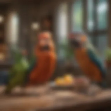 Pet Sitter with Avian Companion A professional pet sitter interacting with a colorful bird in a home setting.