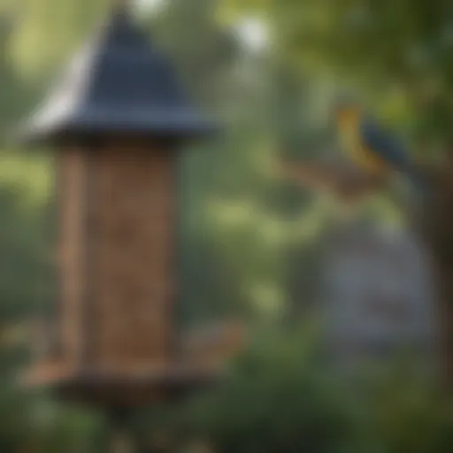 Colorful suet feeder attracting various bird species