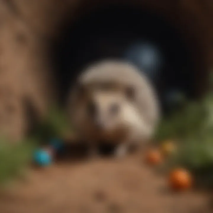 A hedgehog exploring a tunnel toy with curiosity