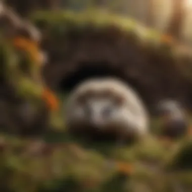 Ideal Habitat for Hedgehogs A hedgehog nestled in a cozy habitat filled with natural elements.