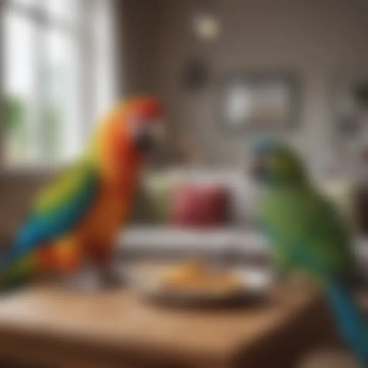 A cozy living room setup with a talking parrot interacting with its owner.