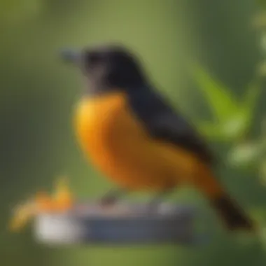 Close-up of a Baltimore Oriole enjoying a nectar-filled feeder