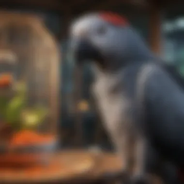 Aviary Setting for African Grey Parrots African Grey Parrot in a colorful aviary.