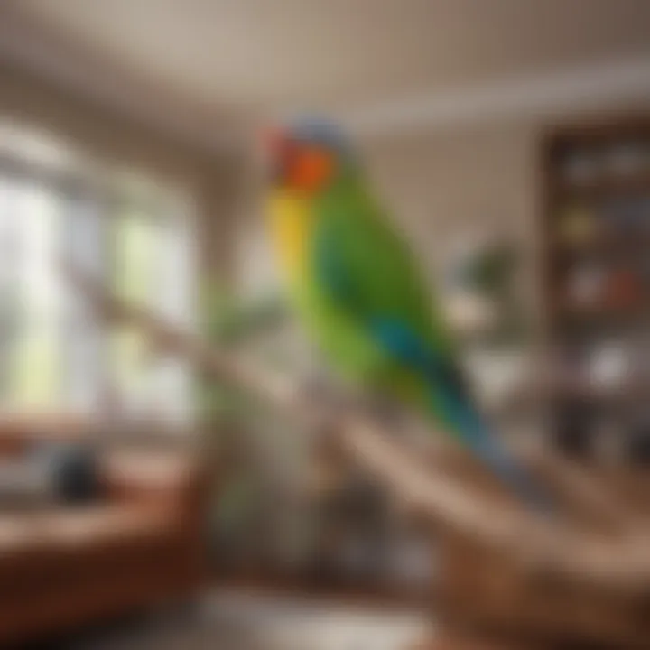 A colorful parakeet perched on a branch inside a living room, showcasing its vibrant feathers.