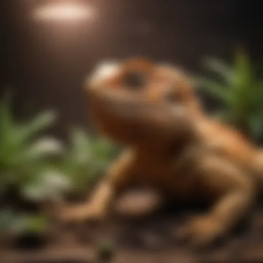 A bearded dragon basking under a heat lamp in its terrarium