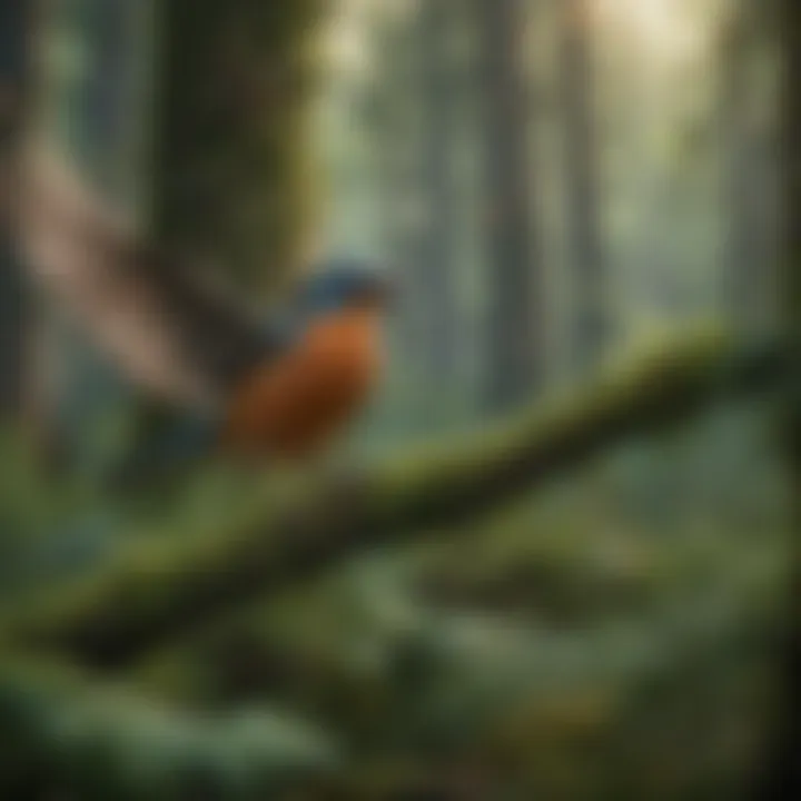 A vibrant forest scene with various birds in flight